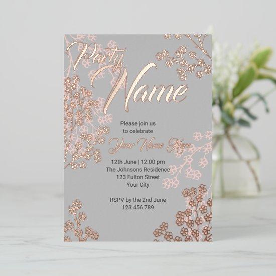 Custom Gray Pink Elegant Floral Blooming Party Foil