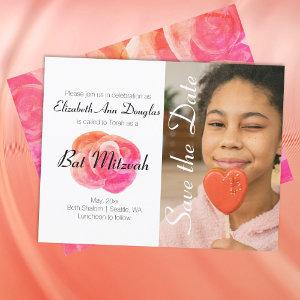 Cute Coral Orange, Pink Rose Bat Mitzvah Save Date