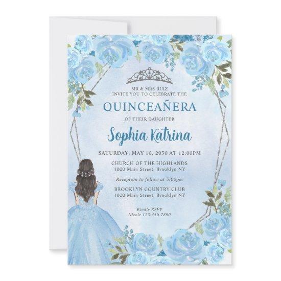 Cute Dusty Blue Silver Floral Princess Quinceañera