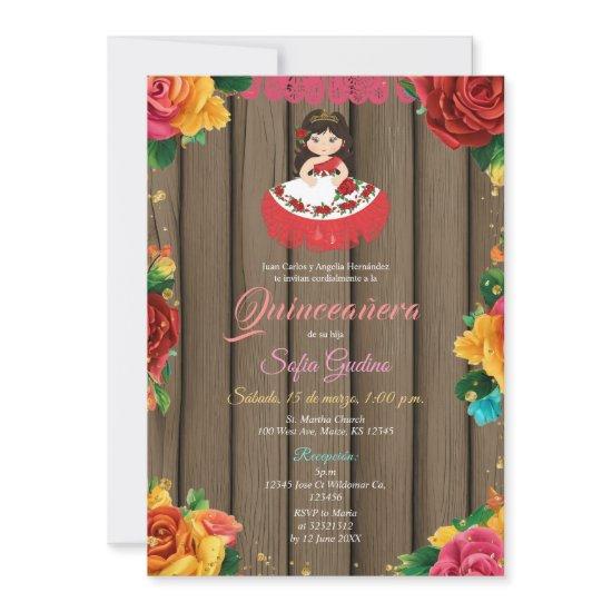 Cute Girl Colorful Flowers Rustic Wood Quinceañera