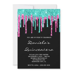 Cyan Hot Pink Glitter Drips Black Quinceañera