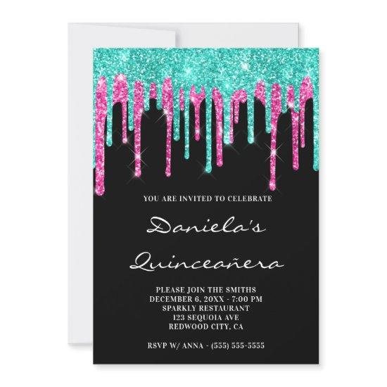 Cyan Hot Pink Glitter Drips Black Quinceañera