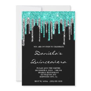 Cyan Silver Glitter Drips Black Quinceañera