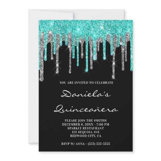 Cyan Silver Glitter Drips Black Quinceañera