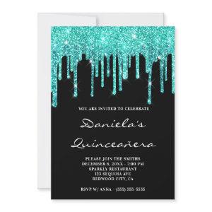 Cyan Teal Glitter Drips Black Quinceañera