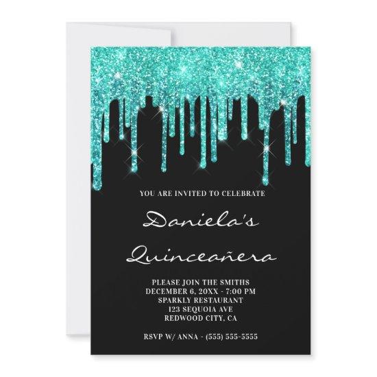 Cyan Teal Glitter Drips Black Quinceañera