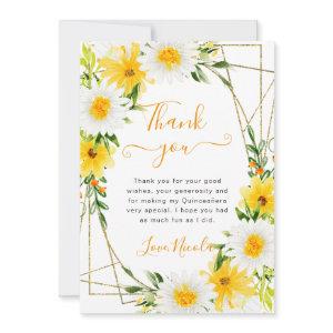Daisies and Yellow Flowers Gold Frame Quinceanera Thank You Card
