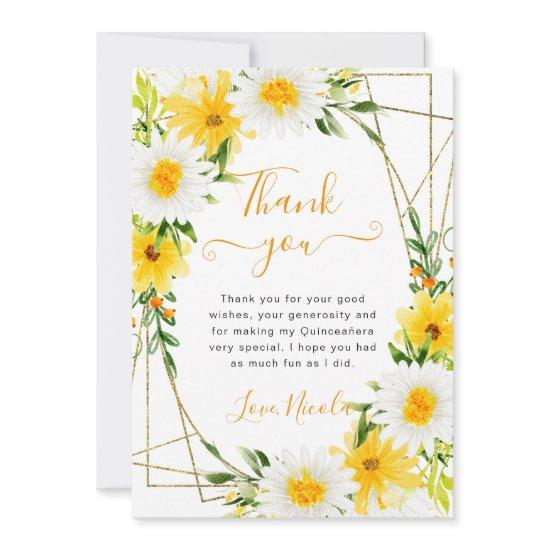 Daisies and Yellow Flowers Gold Frame Quinceanera Thank You Card