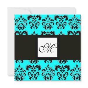DAMASK MONOGRAM,black and white,blue turquase