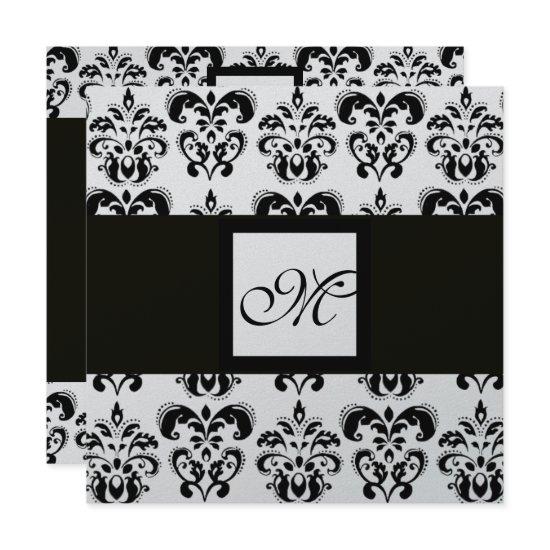 DAMASK MONOGRAM,black and white,silver metallic