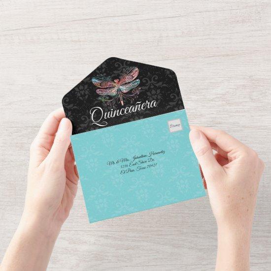 Damask with Dragonfly Quinceañera All In One Invit All In One