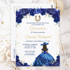 Dark Blue Princess Floral Charro Quinceañera Postcard