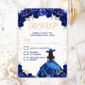 Dark Blue Princess Floral Charro Quinceañera RSVP Card