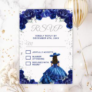 Dark Blue Princess Floral Charro Quinceañera RSVP Card
