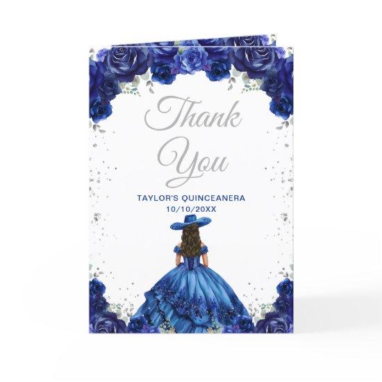 Dark Blue Princess Floral Charro Quinceañera Thank You Card