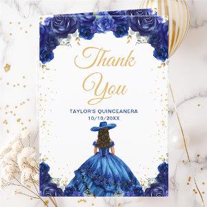 Dark Blue Princess Floral Charro Quinceañera Thank You Card