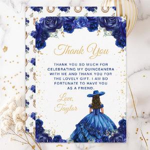 Dark Blue Princess Floral Charro Quinceañera Thank You Card