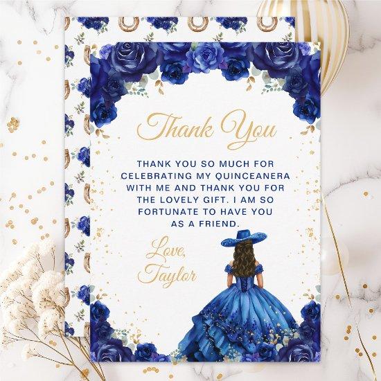 Dark Blue Princess Floral Charro Quinceañera Thank You Card