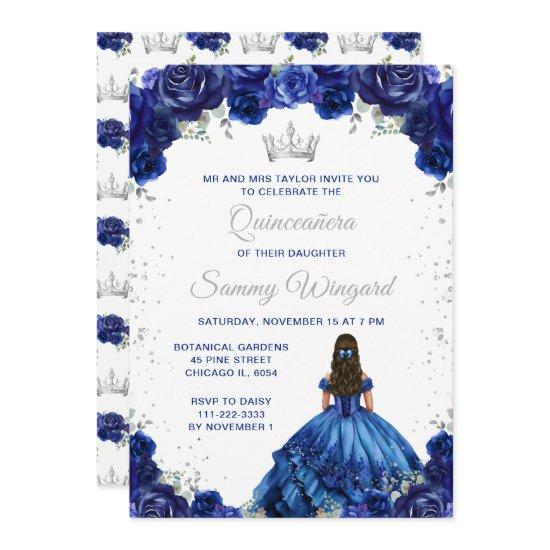 Dark Blue Princess Floral Quinceañera