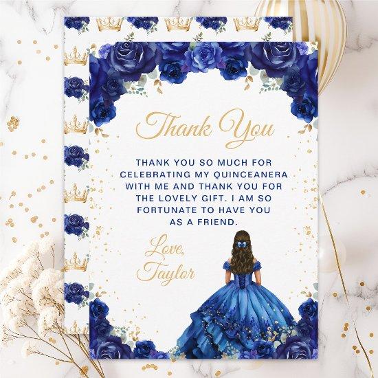 Dark Blue Princess Floral Quinceañera Thank You Card