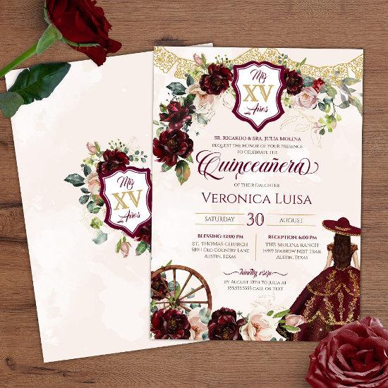 Dark Burgundy Roses Elegant Charro Quinceanera