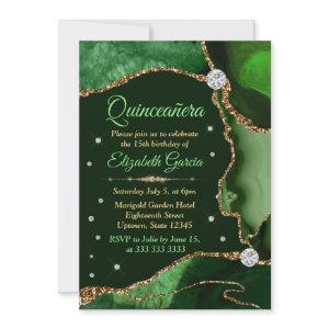 Dark Green and Gold Faux Glitter Agate Quinceanera