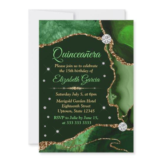 Dark Green and Gold Faux Glitter Agate Quinceanera