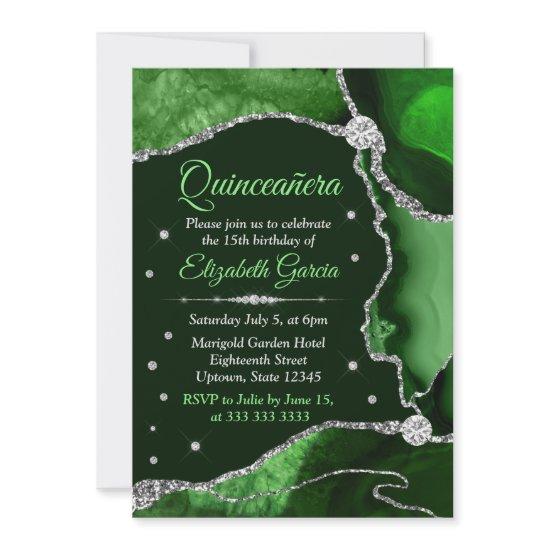 Dark Green and Silver Glitter Agate Quinceanera