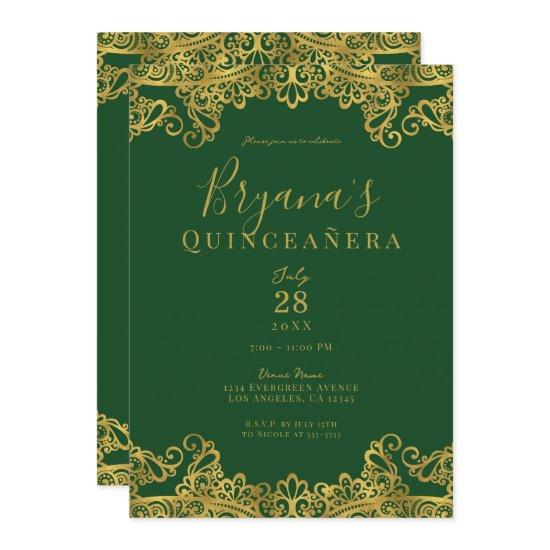 Dark Green & Gold Lace Elegant Quinceañera Party