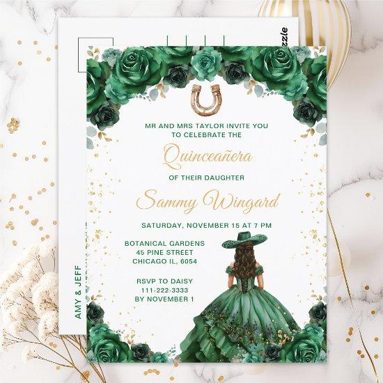 Dark Green Princess Floral Charro Quinceañera Postcard