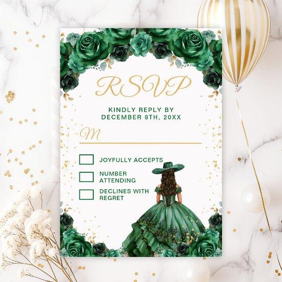 Dark Green Princess Floral Charro Quinceañera RSVP Card
