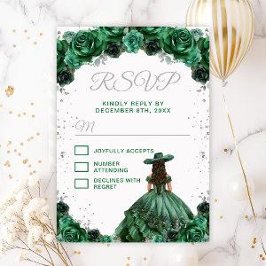 Dark Green Princess Floral Charro Quinceañera RSVP Card
