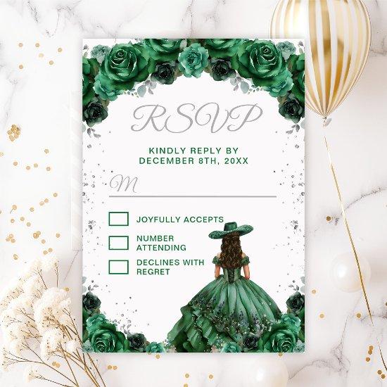 Dark Green Princess Floral Charro Quinceañera RSVP Card