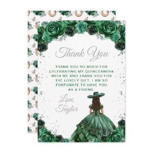 Dark Green Princess Floral Charro Quinceañera Thank You Card