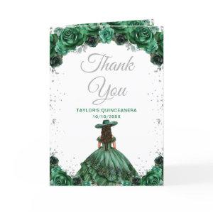 Dark Green Princess Floral Charro Quinceañera Thank You Card
