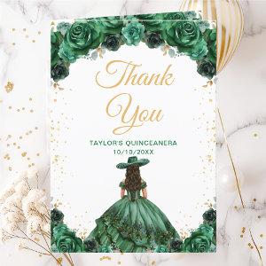 Dark Green Princess Floral Charro Quinceañera Thank You Card