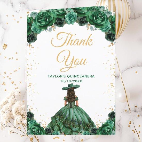 Dark Green Princess Floral Charro Quinceañera Thank You Card