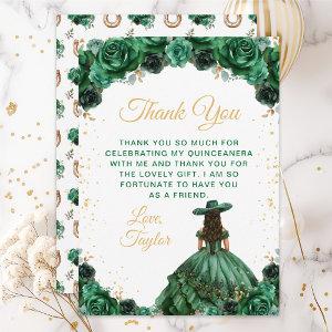 Dark Green Princess Floral Charro Quinceañera Thank You Card