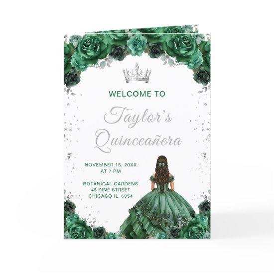 Dark Green Princess Floral Quinceañera Program