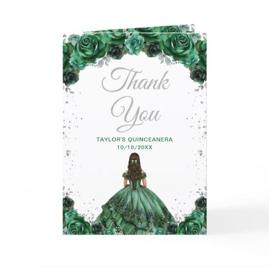 Dark Green Princess Floral Quinceañera Thank You Card