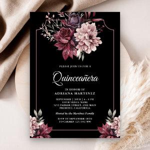 Dark Moody Floral Frame Black Quinceanera