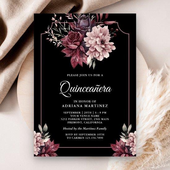 Dark Moody Floral Frame Black Quinceanera