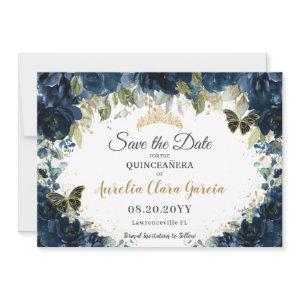 Dark Navy Blue Floral Quinceañera Save the Date