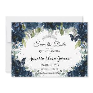 Dark Navy Blue Floral XV Quinceañera Save the Date