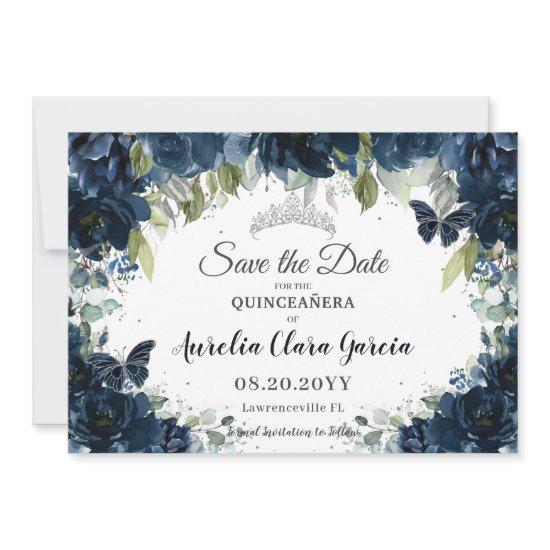 Dark Navy Blue Floral XV Quinceañera Save the Date