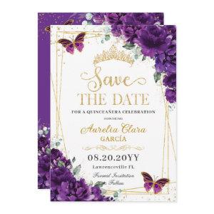 Dark Purple Butterflies Gold Quinceanera Sweet 16  Save The Date