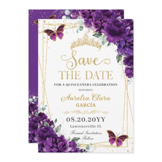 Dark Purple Butterflies Gold Quinceanera Sweet 16  Save The Date