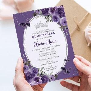 Dark Purple Floral Butterflies Silver Quinceañera