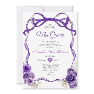 Dark Purple Flowers Bow Ribbon Silver Mis Quince