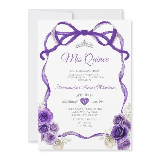 Dark Purple Flowers Bow Ribbon Silver Mis Quince